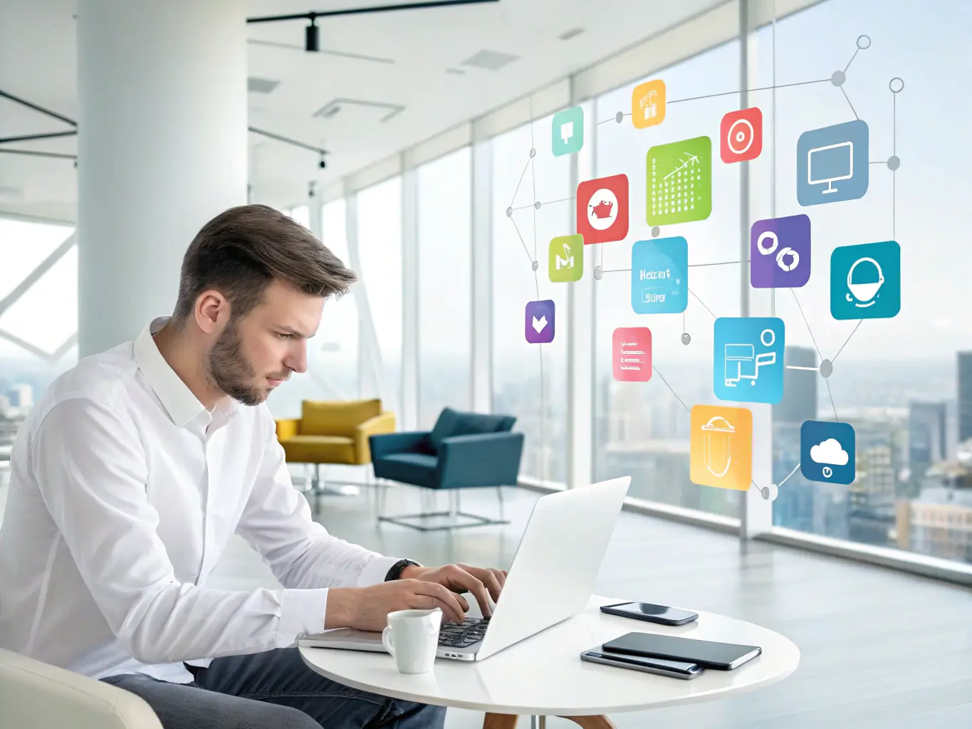 A software developer working on a screen displaying robotic process automation code, showcasing the design and development of software robots.
