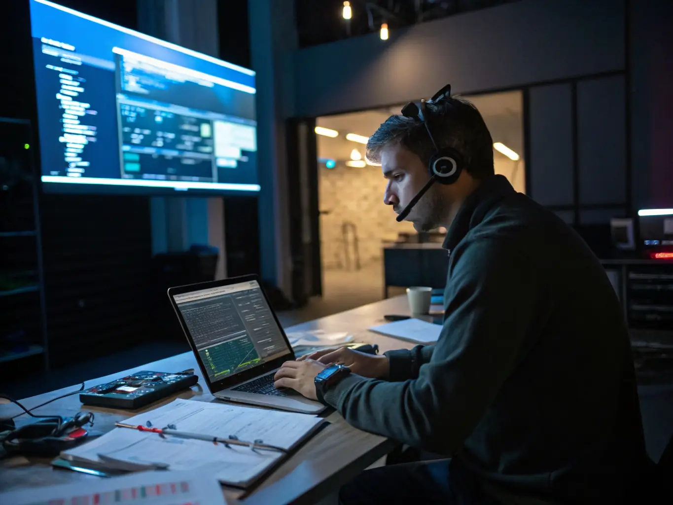 A support engineer monitoring a dashboard displaying the performance of deployed software robots, ensuring continuous operation and optimization.