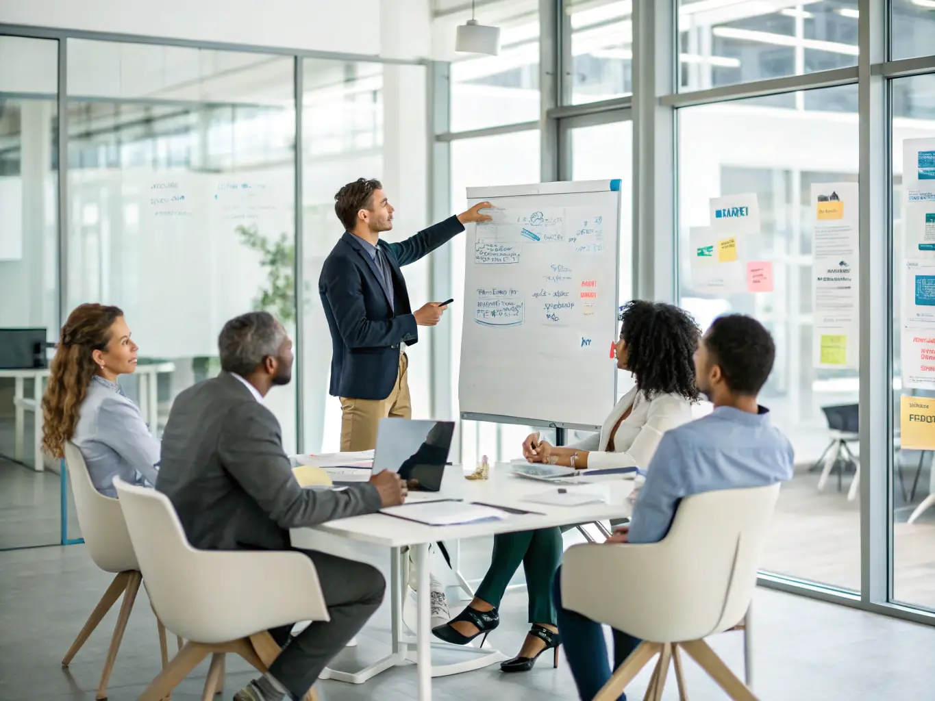 A consultant in a meeting room, pointing at a flowchart on a whiteboard, explaining automation strategy to a team of business executives.
